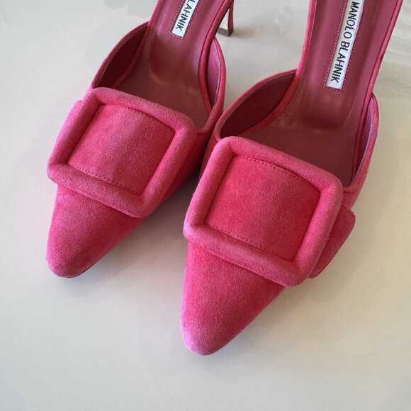 Manolo Blahnik Maysale Pink Suede Mule Kitten Heels Pumps - Picture 3 of 7